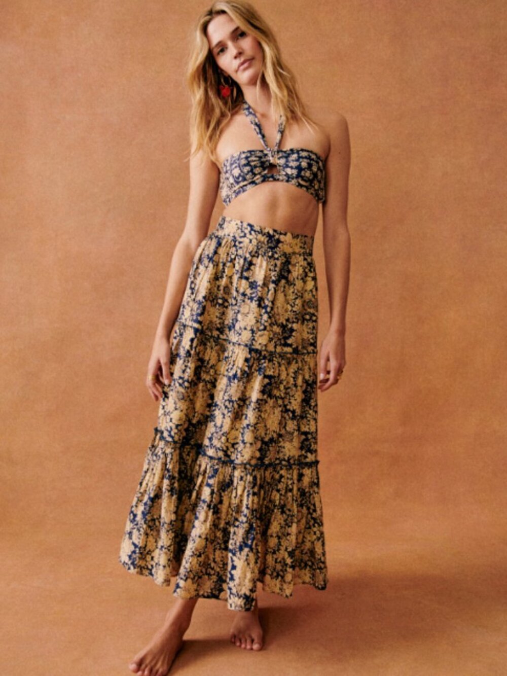 Sézane Sakura Floral Tiered Maxi Skirt Organic Cotton Country Flowers 40 US 8 - Picture 2 of 14